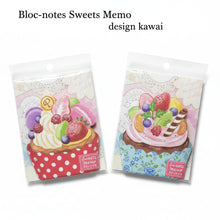 Load image into Gallery viewer, Deux sachets de blocs-notes de la marque japonaise Amifa en forme de cupcakes illustrés, l'un rouge à pois avec macarons et crème, l'autre bleu fleuri avec fruits frais.
