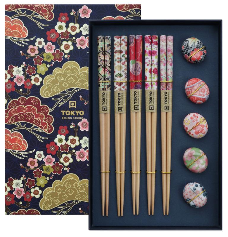 Box of 5 Pairs of Chopsticks + chopstick rest - Tokyo Design Studio