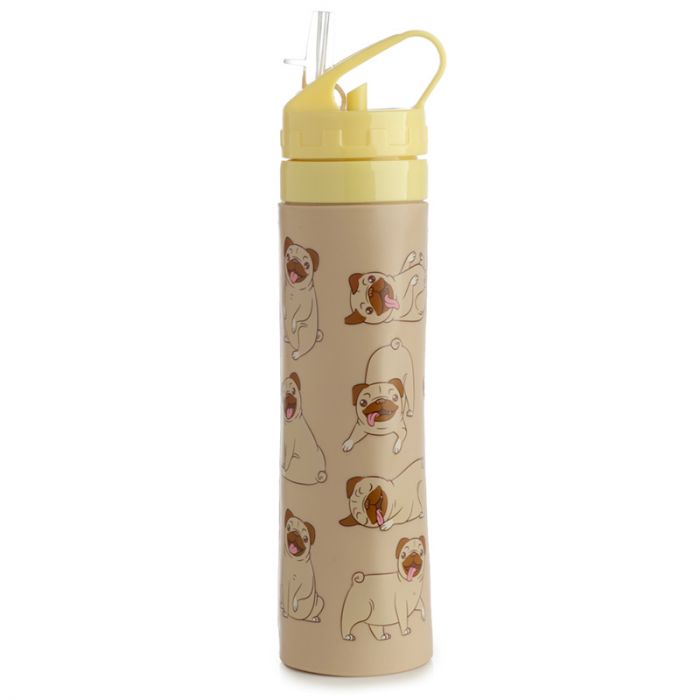 Collapsible Reusable Silicone Bottle with Mopps Straw - Pug Dog 600ml