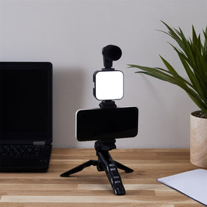 LED light and microphone on tripod for photos and videos